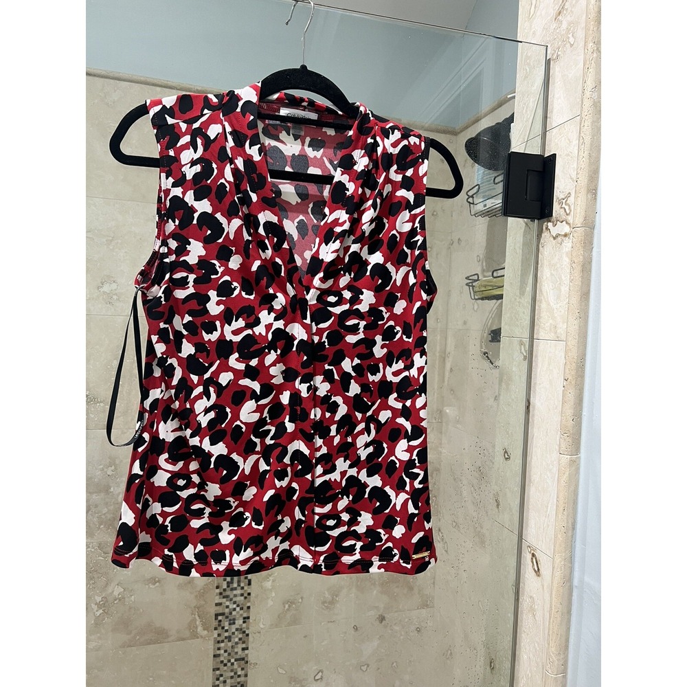 Calvin Klein Women Red Black Geo Animal Print Sleeveless V-Neck Tank Blouse S
